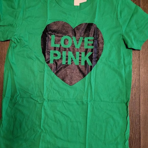 Victoria's Secret LOVE PINK Green St PATRICK'S DAY Black Glitter Heart T-SHIRT L - Picture 11 of 12
